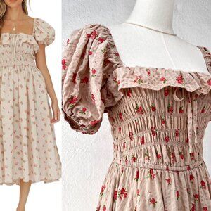 R.Vivimos Floral Print Puff Sleeves Crinkled Slub Fit & Flare Midi Dress Beige M